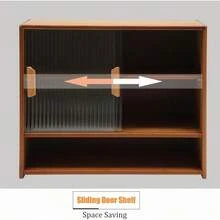HOHOBLA LOYALHEARTDY-BTG Bamboo Countertop Storage Cabinet With 2 Sliding Striped Glass Doors, Kitchen Cabinet Pantry Sideboard Freestanding Utility Cupboard For Spice Seasoning Bottles, Dish, Bowl (Brown)[Best Gift For Family&Friends] - 卡其色 - 查看 5