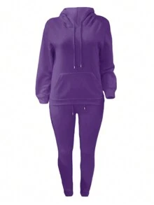LovelyWholesale Women's Hooded Long Sleeve Pocket Solid Color Casual Daily Wear Top And Pants Set, Spring Outfit - Purple - View 8