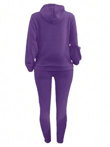 LovelyWholesale Women's Hooded Long Sleeve Pocket Solid Color Casual Daily Wear Top And Pants Set, Spring Outfit - Purple - View 10