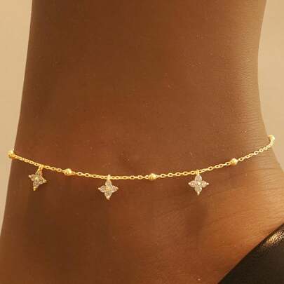 SYMFNY 1pc 925 Sterling Silver Simple Design Beaded Chain Lucky Four-Leaf Clover Anklet, Suitable For Outings, Photo Shoots, And Daily Wear Valentines