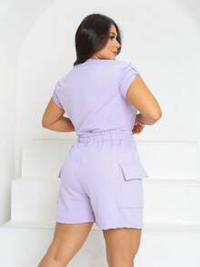 Introducing The Pearl Set! Composed Of High-Waisted Cargo Shorts And A Blouse With Sleeve Detail, Which Can Be Worn With A Knot In The Front, Adding Even Greater Charm To Your Look. - Màu Lilac Tím - Xem 7