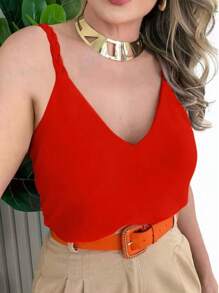 WOMEN'S BLOUSE TANK TOP WITH WIDE BRAIDED DUNA STRAP, SIMPLE BASIC V-NECKLINE - Red - View 2