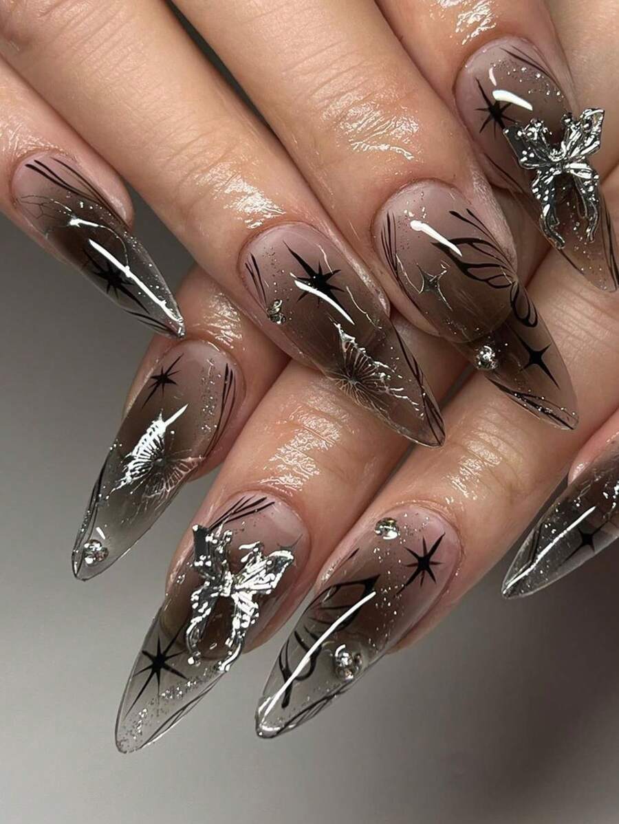24Pcs Black Long Stiletto Press On Nails Luxurious Fake Nails With 3D Butterfly Rhinestone And Butterfly Star Pattern Designs Glossy Full Cover False Nails Set For Women And Girls Party Daily Wear