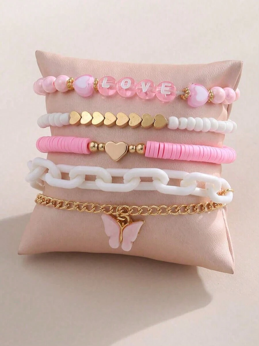 5 件套粉色蝴蝶和心形情书手链套装（适合女孩）