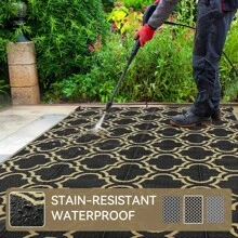 Outdoor Plastic Straw Rug For Patio Waterproof, 8x10 Large Reversible Portable Outside Porch Rugs Carpet For Camping Picnic Mat, RV, Backyard, Balcony, Deck, Black & Beige