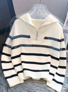 New Autumn/Winter Women Striped Crew Neck All-Match Sweater, Fashionable & Simple Pullover Design,Long Sleeve Tops