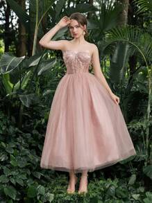 Faeriesty 公主美人花卉贴花细节透视紧身胸衣对比薄纱返校派对抹胸连衣裙 - 粉色 - 查看 8