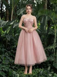 Faeriesty 公主美人花卉贴花细节透视紧身胸衣对比薄纱返校派对抹胸连衣裙 - 粉色 - 查看 6