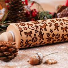 1pc Wooden Christmas Embossed Rolling Pin, Christmas Deer, Snowflakes, Snowman, Xmas Bells, Canes, Ice Boots Pattern Xmas Cookie Mold For Baking Tools Christmas Decorations Christmas Decor Christmas Gifts Christmas Party Supplies