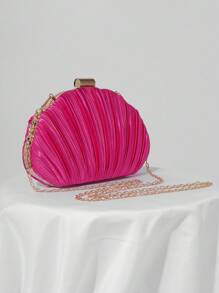 缎面褶皱盒形晚宴包、宴会包、礼服包、舞会手包、链带单肩包、婚礼钱包 - 玫紅色 - 查看 5