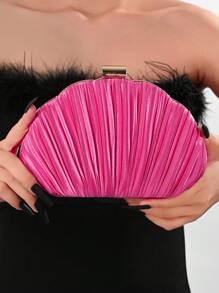 缎面褶皱盒形晚宴包、宴会包、礼服包、舞会手包、链带单肩包、婚礼钱包 - 玫紅色 - 查看 4