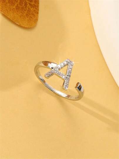 1pc Elegant Lady Style Zirconia Inlaid 26 Letter Open Ring, Initial Letter Ring, Suitable Gift For Friends And Classmates, Popular Women's Jewelry
