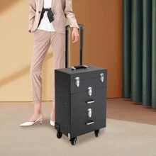 Cosmetic Trolley Makeup Storage Organizer Rolling Makeup Train Case Luggage Box - Black - View 4