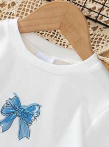 2pcs Young Girl Casual Drop-Shoulder Sweatshirt With Bow Print And Loose Pants Set, Autumn - White - View 3