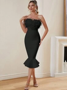 Ruffle Hem Sweetheart Neck Bandage Bodycon Dress, Suitable For Cocktail Parties, Elegant Galas, Semi-Formal Occasions, Birthdays, Wedding Guests, Graduations, Formal Dinners, Homecoming And More - Black - View 3