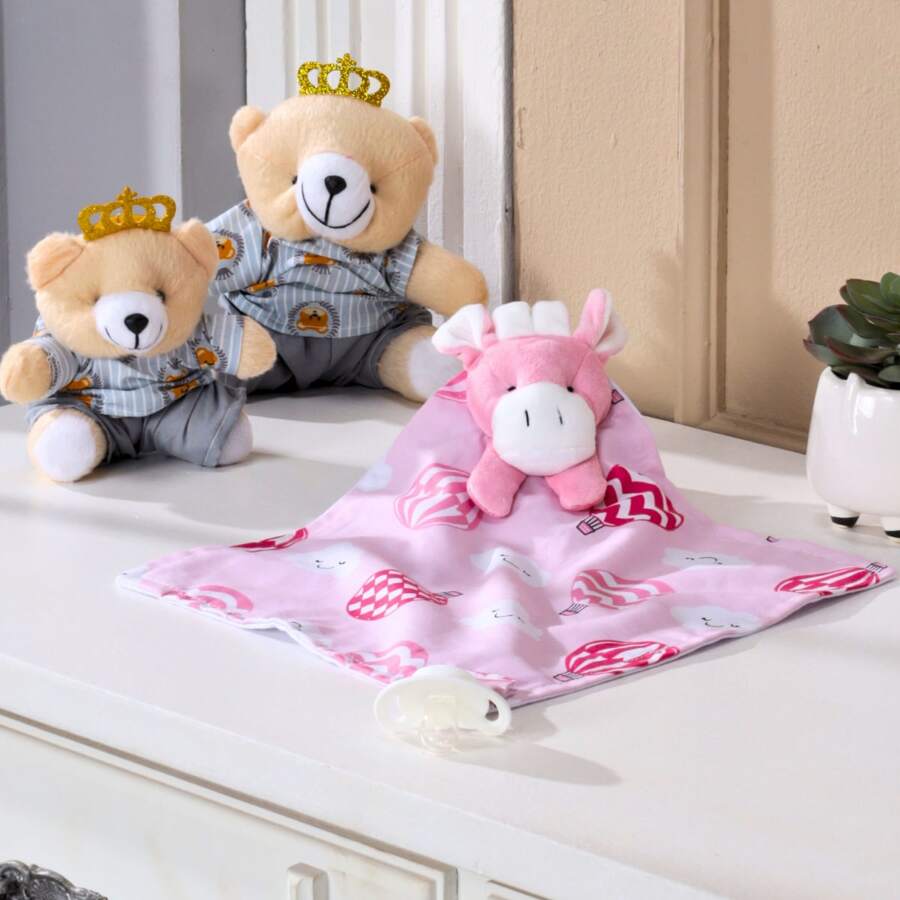 MeF Mae e Filho Baby Naninha Diaper Cloth With Animal And Pacifier Holder And Plush - globo rosa - Ver 1