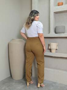 Plus Size Tailoring Pants With Button GG To G3 - Light Brown - View 4