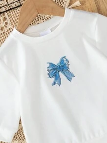 2pcs Young Girl Casual Drop-Shoulder Sweatshirt With Bow Print And Loose Pants Set, Autumn - White - View 7