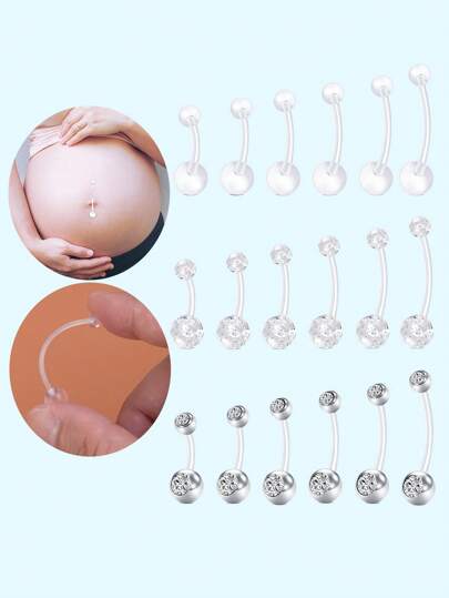 6-31 件亚克力长条肚脐环套装适合孕妇 柔性透明身体穿孔首饰套装肚脐穿孔怀孕银色粉色蓝色长肚脐穿孔适合孕妇运动孕妇柔性透明亚克力吊坠肚脐穿孔 Hez 蝴蝶脚