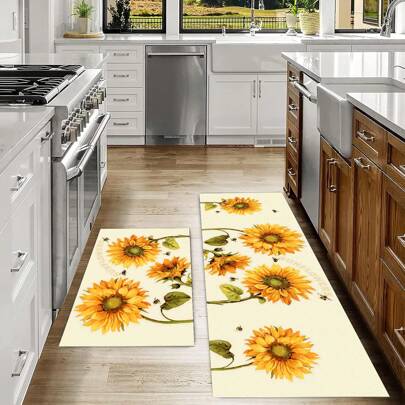 1pc Sunflower Printed Soft & Comfortable Kitchen Mat, Entrance Doormat, Bedside Rug, Easy To Clean, Water-Absorbent, Durable For Living Room, Hallway, Bathroom, Laundry Room Decor