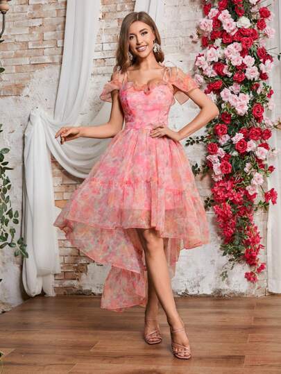 Double Crazy Summer Concert Party Elegant Ditsy Floral Asymmetric Hem Slip Dress For Women, Vacation Chic Shoulder Exposure Lady Dress Wedding Guest Dress Prom Dress