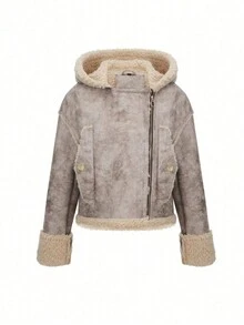 Risissida 女士短款夹克，简约设计，带帽内衬，秋季完美之选，女士皮夹克 - 卡其色 - 查看 3