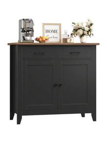 Sideboard, Kitchen Cabinet With 2 Drawers And 2 Doors, Kitchen Island With Worktop For Kitchen, Living Room, Dining Room, Wood, 82 X 40 X 91 Cm - 黑色 - 查看 1