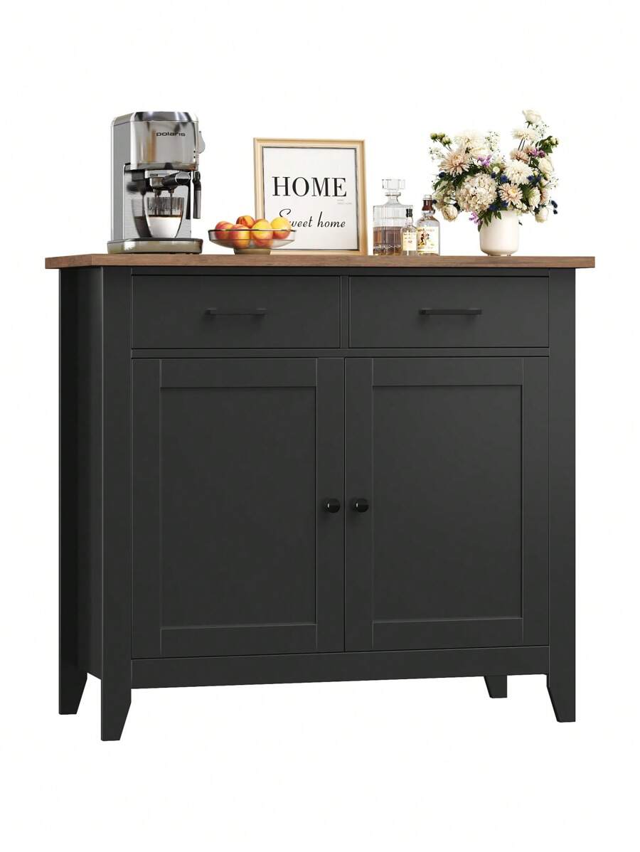 Sideboard, Kitchen Cabinet With 2 Drawers And 2 Doors, Kitchen Island With Worktop For Kitchen, Living Room, Dining Room, Wood, 82 X 40 X 91 Cm - 黑色 - 查看 1