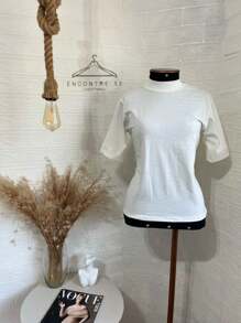 High-Neck Cotton Tshirts Inspired By Zaara Basic Plain T-Shirt Casual Stripped Women's Blouse T-Shirt 100% Cotton Tee Fashion Summer 2024 - 離開 - 查看 5