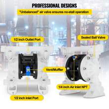 Air-Operated Double Diaphragm Pump, 1/2 In Inlet & Outlet, Polypropylene Body, 8.8 GPM & Max 120PSI, PTFE Diaphragm Pneumatic Transfer Pump For Petroleum, Oil & Low Viscosity Fluids