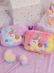 1pc Kid's Cartoon Plush Unicorn Crossbody Bag, Cute Shibori Dye Square Small Bag With Adjustable Strap For Coins, Accessories, Toys, Random Shibori Placement