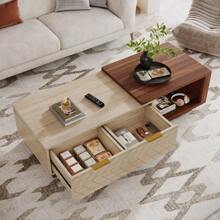 LITTLE TREE 2-Drawer Coffee Table With, Extendable Center Table With Sliding Tabletop, Wooden Rectangle Cocktail Table Multi-Functional Hidden Storage For Living Room, Walnut & Oak - Quả óc chó & gỗ sồi - Xem 3