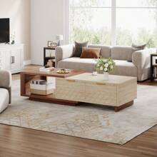 LITTLE TREE 2-Drawer Coffee Table With, Extendable Center Table With Sliding Tabletop, Wooden Rectangle Cocktail Table Multi-Functional Hidden Storage For Living Room, Walnut & Oak - Quả óc chó & gỗ sồi - Xem 4