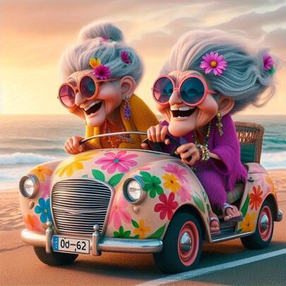 5D Round Diamond Painting Kit For Adults - Fun Grandmothers Driving Car Full Drill Diamond Art