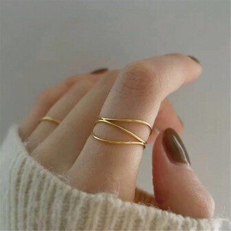 VKHK 1pc Minimalist 18K Gold Plated Stainless Steel Multi-Line Design Finger Ring, Women's Daily Wear Gift