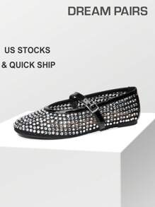 DREAM PAIRS Women's Ballet Mesh Flats Rhinestones Mary Jane Structure Round Toe Slip-On Fashionable Comfortable Commuter Party Shine Versatile Shoes