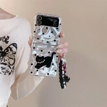Water Ripple Polka Dot Black Cat Foldable Phone Case With Chain Strap, Compatible With Samsung Galaxy Z Flip3 5G/Galaxy Z Flip 4 5G/Galaxy Z Flip 5 5G/Galaxy Z Flip 6 5G, Elegant Design For Women - Multicolor - View 4