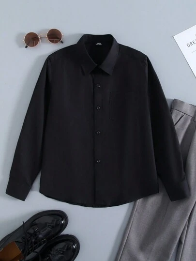 5-14岁男童经典纯棉长袖黑色衬衫，带口袋，柔软绅士衬衫，适合学校、毕业典礼、演出、西装派对、正式场合 | 男童黑色衬衫、男童衬衫、男童校服衬衫、儿童上衣、男童长袖衬衫、校服、正装、返校校服、演出服