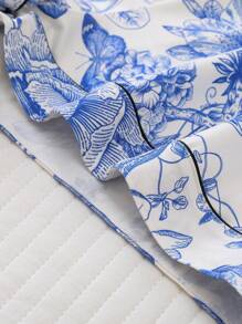 3pcs Floral Printed Women's Pajama Set, Includes A Collared Short Sleeve Top And Loose Elastic Shorts & Pants, Casual Women's Sleepwear And Loungewear - Baby Blue - View 9