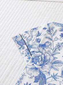 3pcs Floral Printed Women's Pajama Set, Includes A Collared Short Sleeve Top And Loose Elastic Shorts & Pants, Casual Women's Sleepwear And Loungewear - Baby Blue - View 6