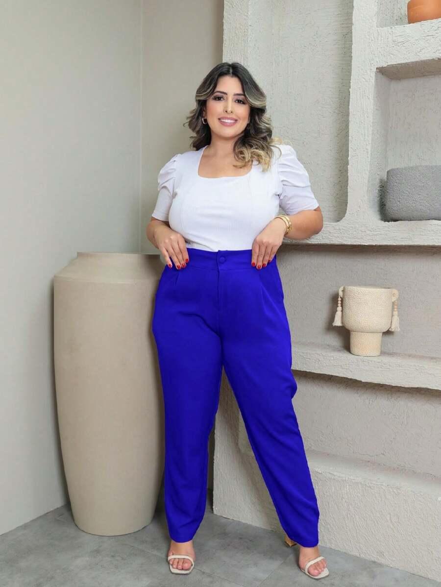 Plus Size Tailoring Pants With Button GG To G3 - Royal Blue - View 1