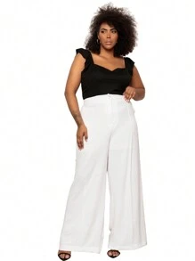 Plus Size Pantalona Pants With Button - Blanco - Ver 2