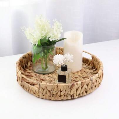 1 hoặc 2 chiếc khay tròn đan có tay cầm, giỏ đựng đồ bằng lục bình, khay mây, thích hợp trang trí nhà cửa và nhà bếp.