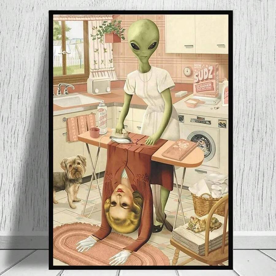 Funny Alien Do Laundry Poster Canvas Painting Laundry Day Wall Art For Washing Drying Room Home Decoration Picture  No Frame - As Pic - View 1