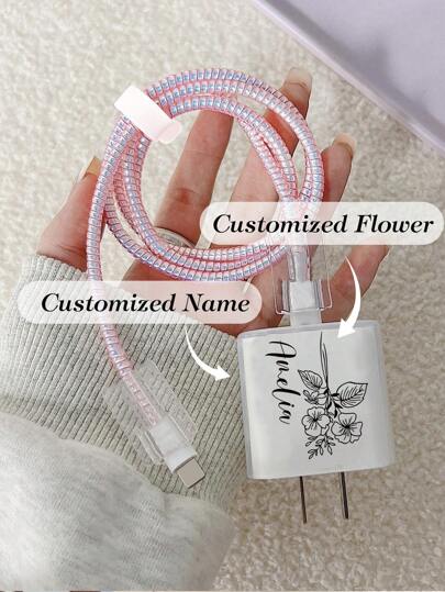 5 Pieces Personalized Customization Name And Birthday Flower 1.5m Laser Cable Winding Device, Cable Fixing Device, Anti Break Data Cable Tpu Charging Head Protective Cover, Compatible With Apple 12/13/14 Phone Models, 20w Fast Charging Data Cable