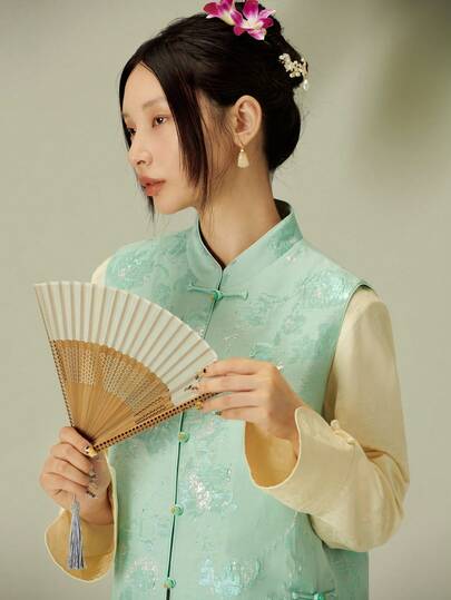 LANZEYILV Chinese Style Refine Vest Top,Women Jacquard Woven Sleeveless Jacket