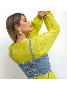 Women's Cropped Top Jeans Buttons Belt Stylish Fashion Gringa Blogger Women - Màu xanh lam - Xem 2