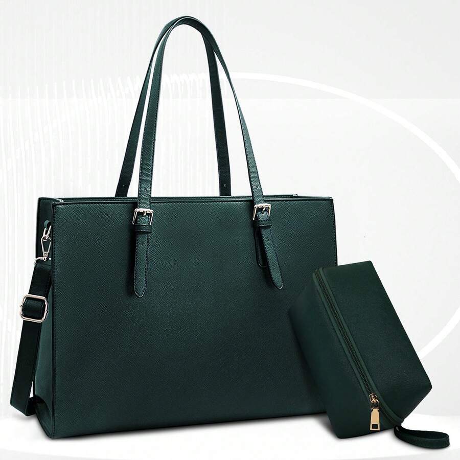 女士笔记本电脑包防水轻质皮革 15.6 英寸电脑手提包商务办公公文包大容量手提包单肩包专业办公工作包钱包 2 件套 - 墨綠色 - 查看 1