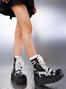 Womens Goth Ankle Boots Platform Chunky High Heel Lace Up Zipper Round Toe Combat Boots - Black and White - View 2