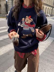 女士休闲超大号熊图案落肩长袖毛衣，秋冬，长袖上衣 - 藏蓝色 - 查看 1